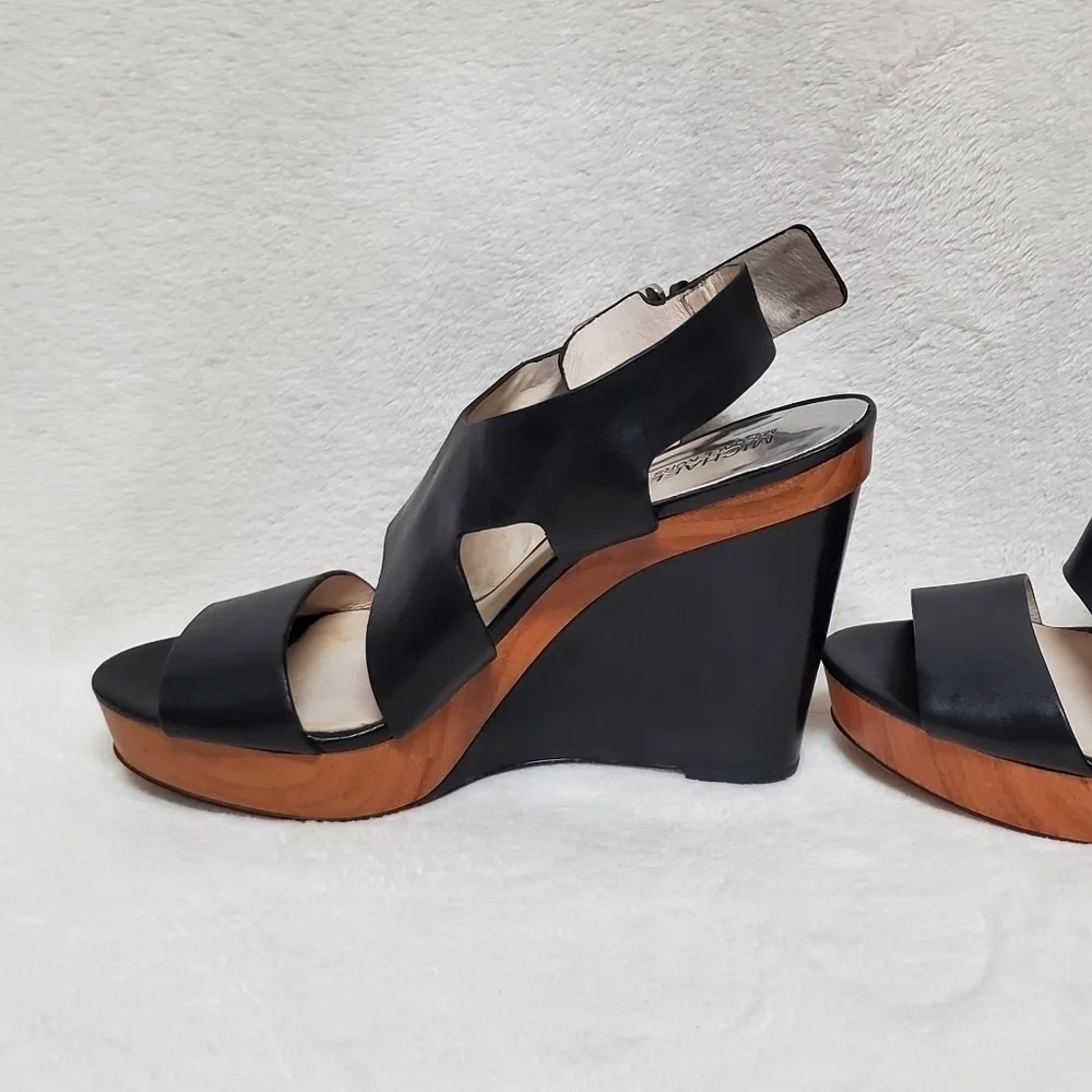MICHAEL Kors Carla Black Leather Faux Wood Platform Wedge Strappy Sandal 9.5